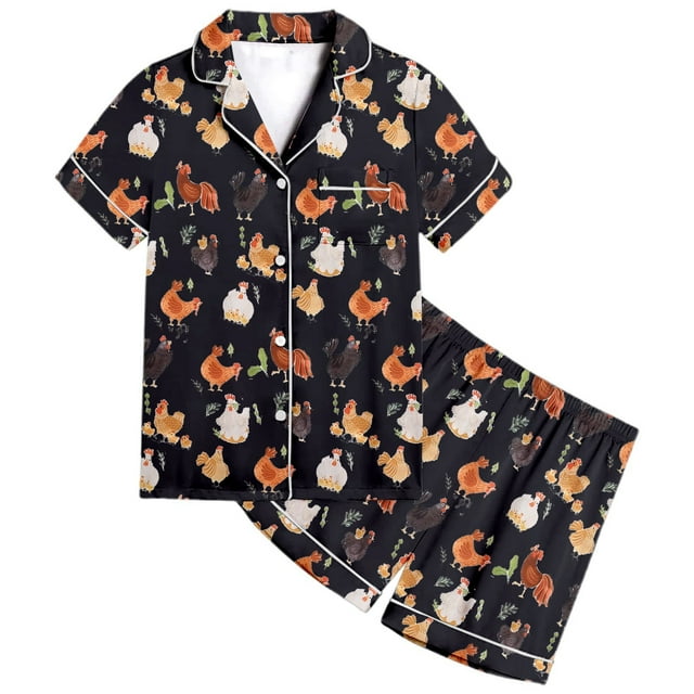 Pyjama en Satin à Imprimé Manches Courtes Boutonné Ensemble d'Intérieur Ensemble de Pyjamas Mode pour Filles Ensemble de Pyjamas pour Préados Garçons Filles Mode