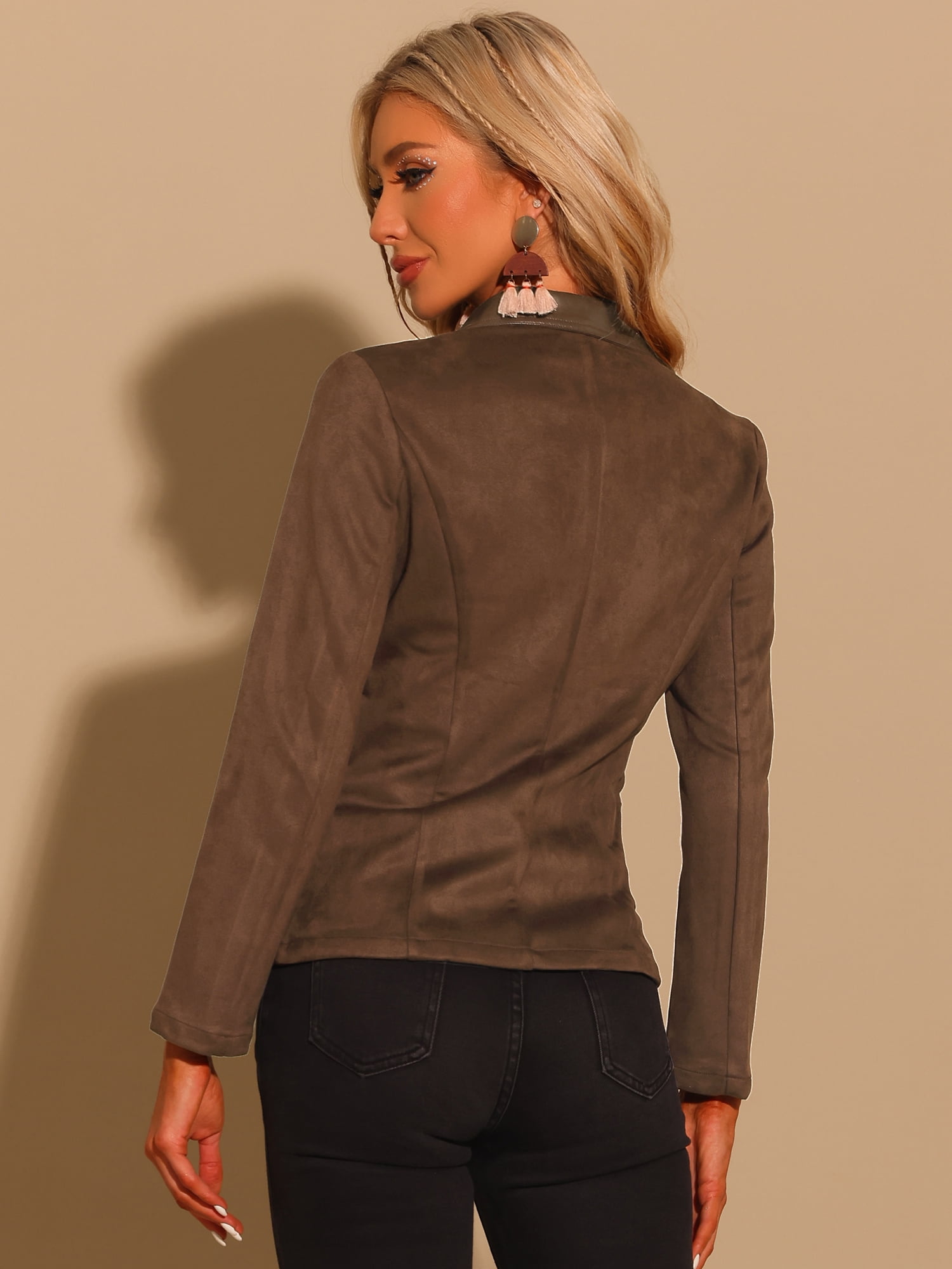 DARING DIVA Women's Faux Suede Lapel Collar Button Down Blazer M Brown