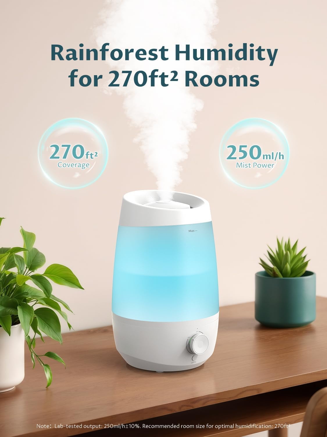 2.5L Top Fill Humidifiers for Bedroom, 250ml/h Mist Output, 25hrs Humidifiers for Home, 7 Adjustable LED, Essential Oil Diffuser, 25dB Ultrasonic Humidifier for Baby and Indoor Plants, White
