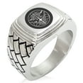 thumbnail image 1 of Stainless Steel Uesugi Samurai Crest Geometric Pattern Step-Down Biker Style Polished Ring, 1 of 1