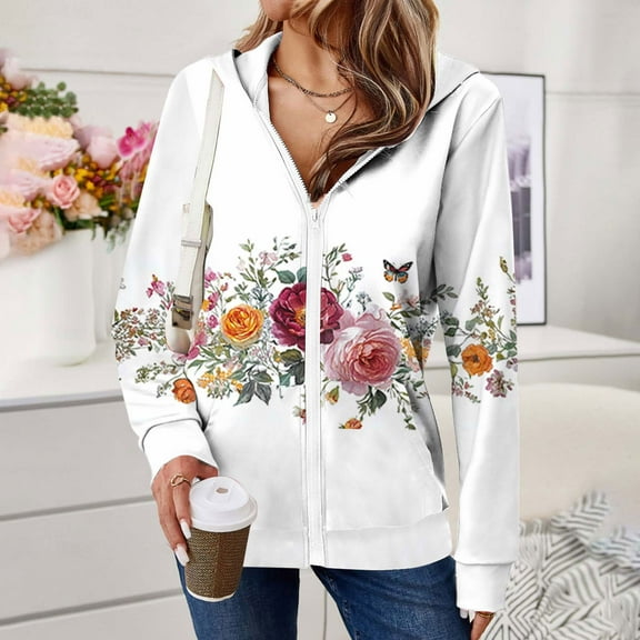 Fjofpr Graphic Hoodies for Women Vintage Sweatshirt Jackets for Women Zip up Hoodies Long Sleeve Pullover Fall Clothing with Pockets Multicolor XL