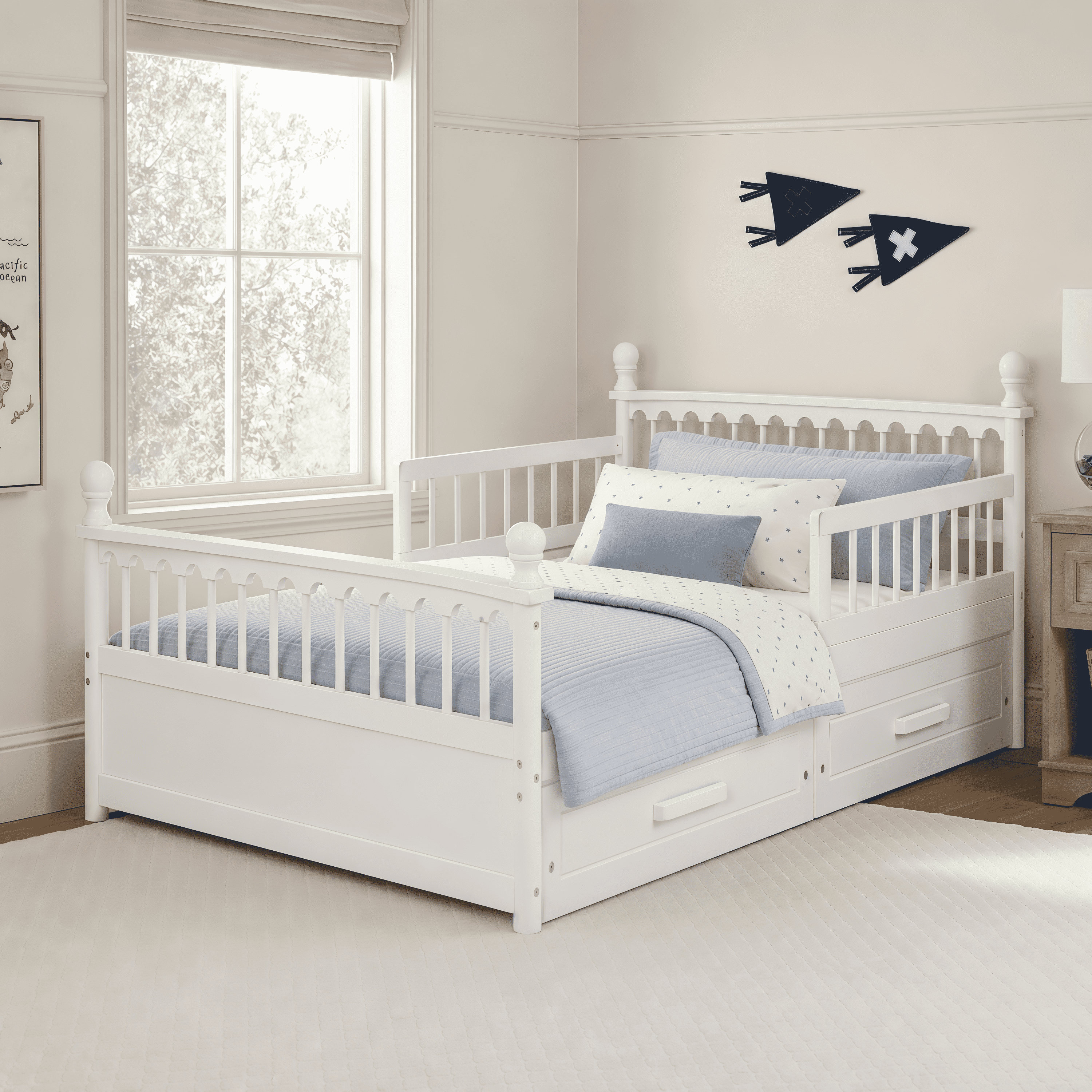 Euroco Wood Full Size Platform Bed with Drawers, Low Profile Kids Bed with Safety Guardrails, No Box Spring Needed, White