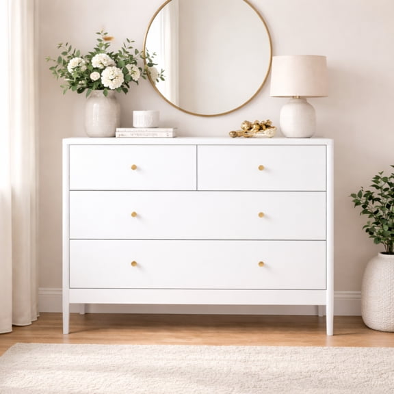 TENGDA White 4Drawer Dresser Wooden Storage Cabinet for Toddler Bedroom Nursery Closet Baby Nightstand Organizer for Living Room or Apartment