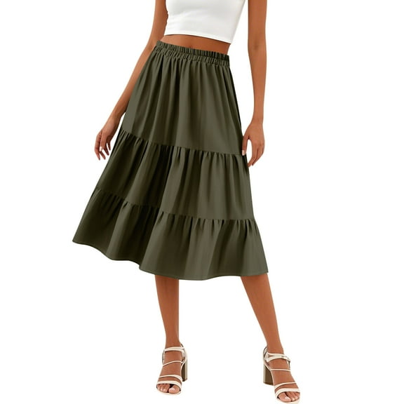 WTOBBY Women's Casual High Waist Drawstring A-line Solid Color Skirt with Pockets, Flowy Maxi Design for Everyday Wear, Bohemian Style Elastic Waist Skirt,Army Green L