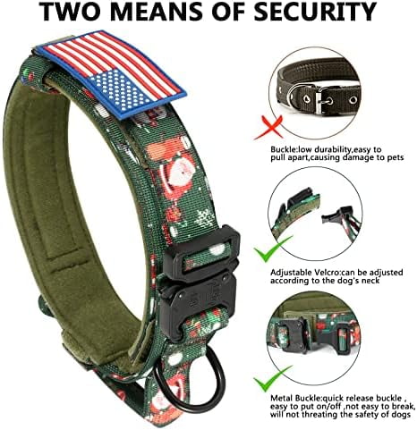 Christmas Tactical Dog Collar, Adjustable Military Training Nylon Dog Collar with Control Handle and Metal Buckle for Medium and Large Dogs, with Patches and Airtags Case (XL, Christmas green)
