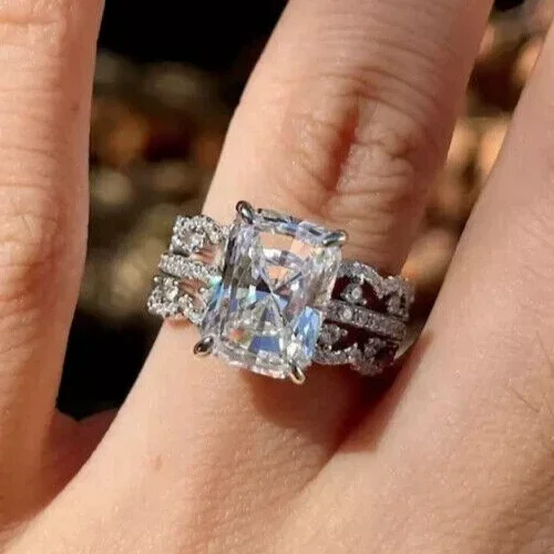 3.00Ct Radiant Cut Simulated Diamond Unique Couple Trio Set Engagement Ring 14k White Gold Plated 925 Silver