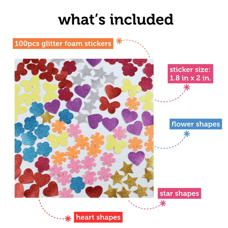 Incraftables Glitter Foam Stickers for Kids Self Adhesive 100pcs (Flower,  Heart, Star and Butterfly)