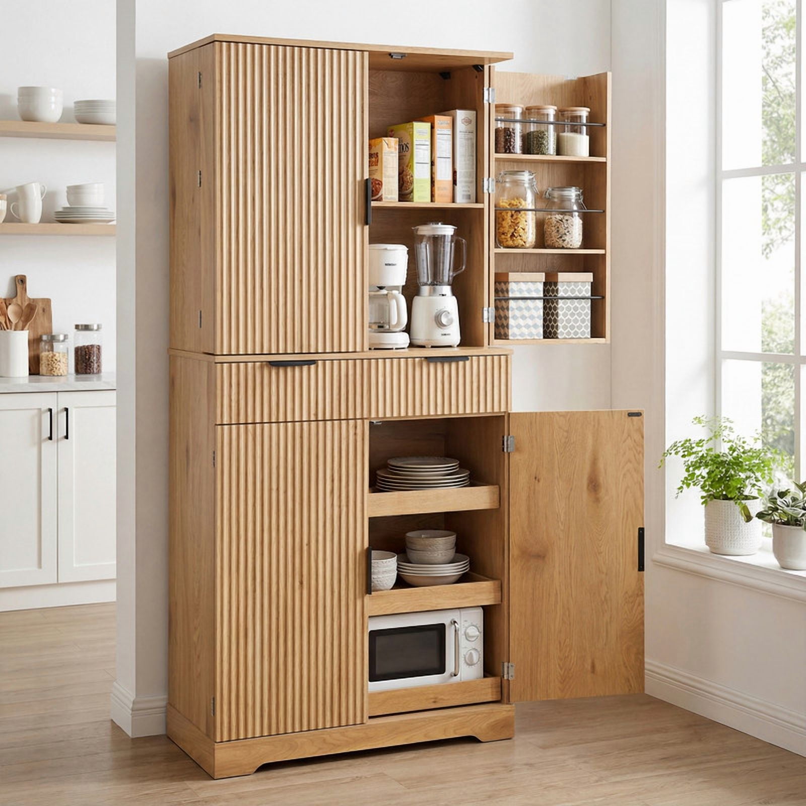 72'' Tall Fluted Kitchen Pantry Hutch with Rack & Drawer, Multi-Functional Storage Cabinet, Freestanding Cupboard Organizer