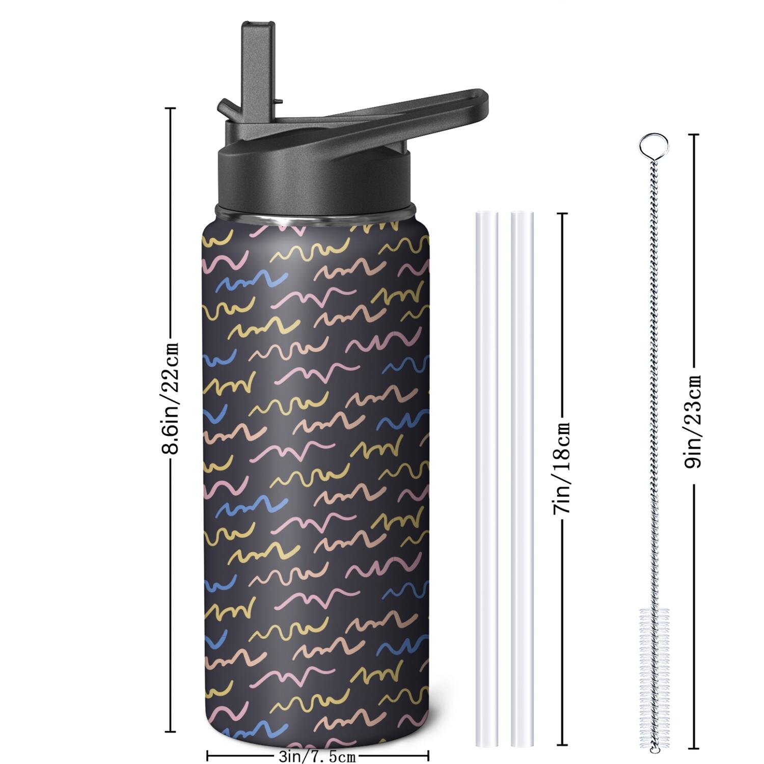 Modern 18 oz Insulated Stainless Steel Water Bottle with Straw & Cleaning Brush , Leakproof, BPA-Free, 304 Stainless Steel, Wide Mouth, Travel Mug for Car, Gym, Office