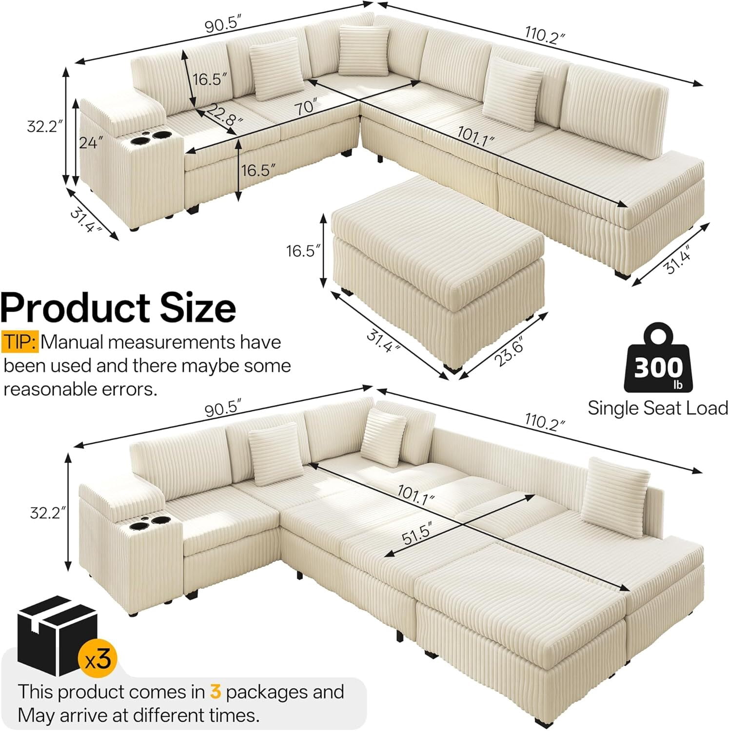 Sectional Sleeper Sofa with Pull Out Bed,110" L-Shaped Modular 6-Seater Cloud Sectional Couch,Convertible Corduroy Sofa for Living Room,Ottoman with USB Charging Ports & Cup Holders,Beige