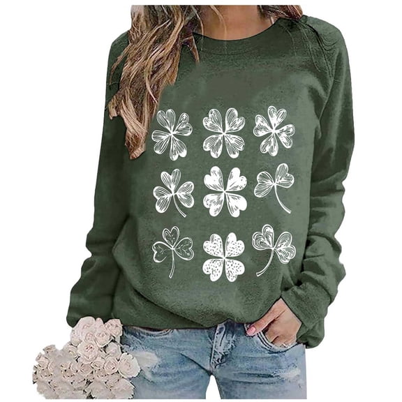 FDGIU Saint Patrick's Day Outfit for Women - Green Long Sleeve Crew Neck Sweatshirt with Shamrock Graphic