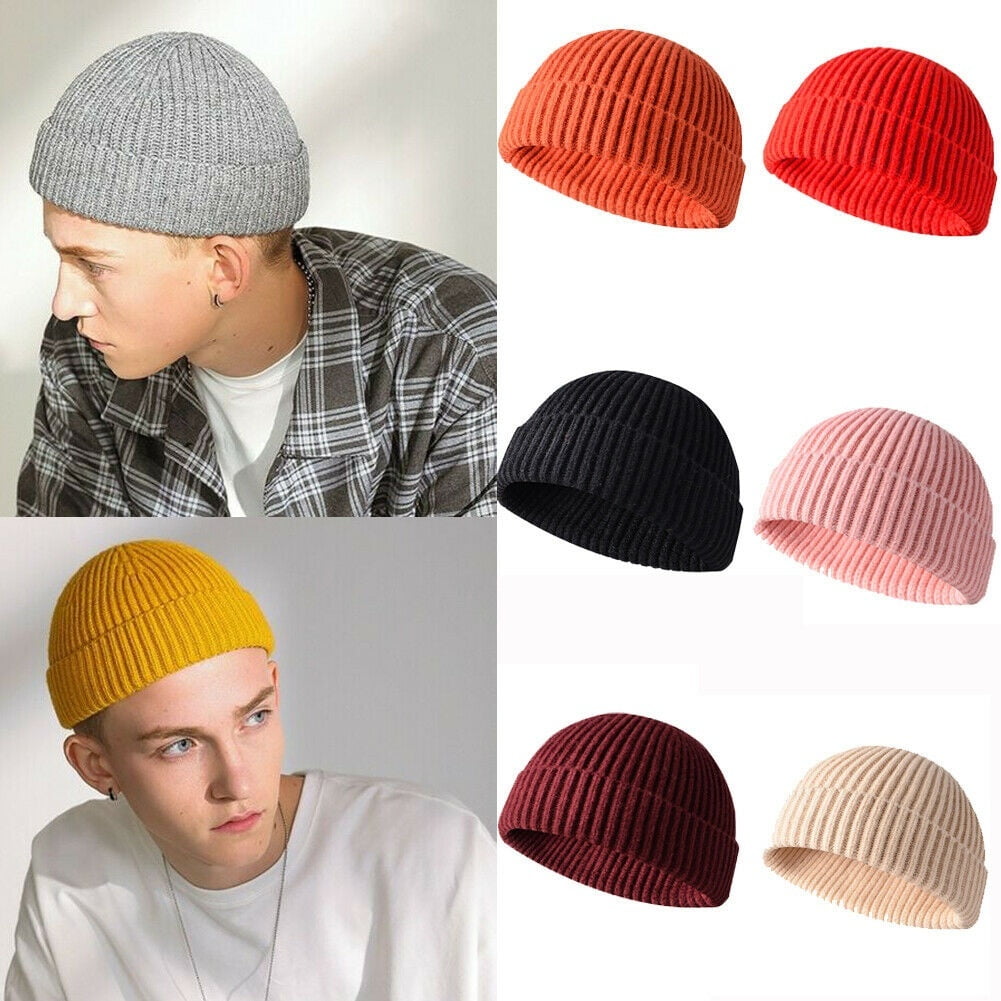 Men Knitted Hat Beanie Solid Color Retro Cap Women’s Ribbed Cuffed ...