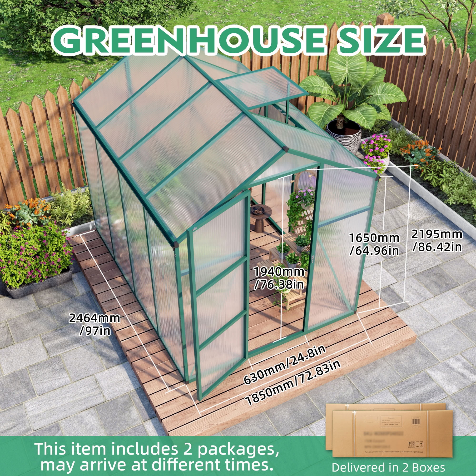 MAYEERTY 6x8 FT Walk-in Greenhouse with Raised Base, Aluminum Frame & Polycarbonate Panels, All-Season Outdoor Greenhouse