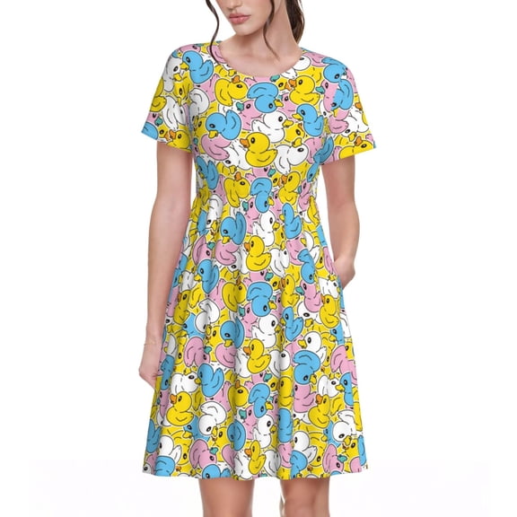 Kuqiui Colorful Duck Print Women's Short Sleeve A-Line Dress with Pockets, Casual Crew Neck Knee-Length Dress for Daily Wear
