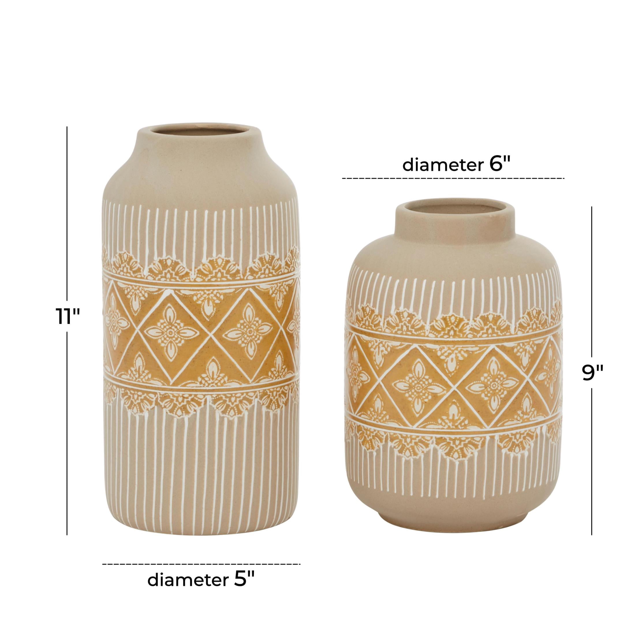 DecMode 9", 11"H Floral Handmade Beige Ceramic Vase with Diamond Pattern, Set of 2
