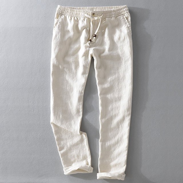 RWJDXD New Men‘s Linen Trousers Straight Tube Rope Solid Color Casual Linen Trousers Men Breathable