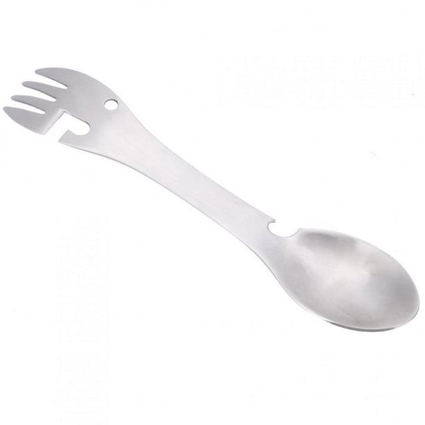 Cuchara tenedor multifunción portátil 5 en 1, abrelatas, cortador de dientes de sierra para acampar y picnic