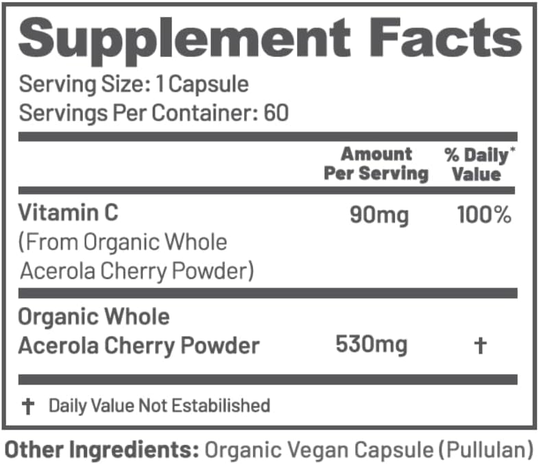 EAT INTACT Vegan Whole Food Vitamin C, Two Ingredients (Organic Whole Acerola Cherry Powder and Organic Vegan Capsule), Non-GMO, Third Party Tested, 60 Day Supply