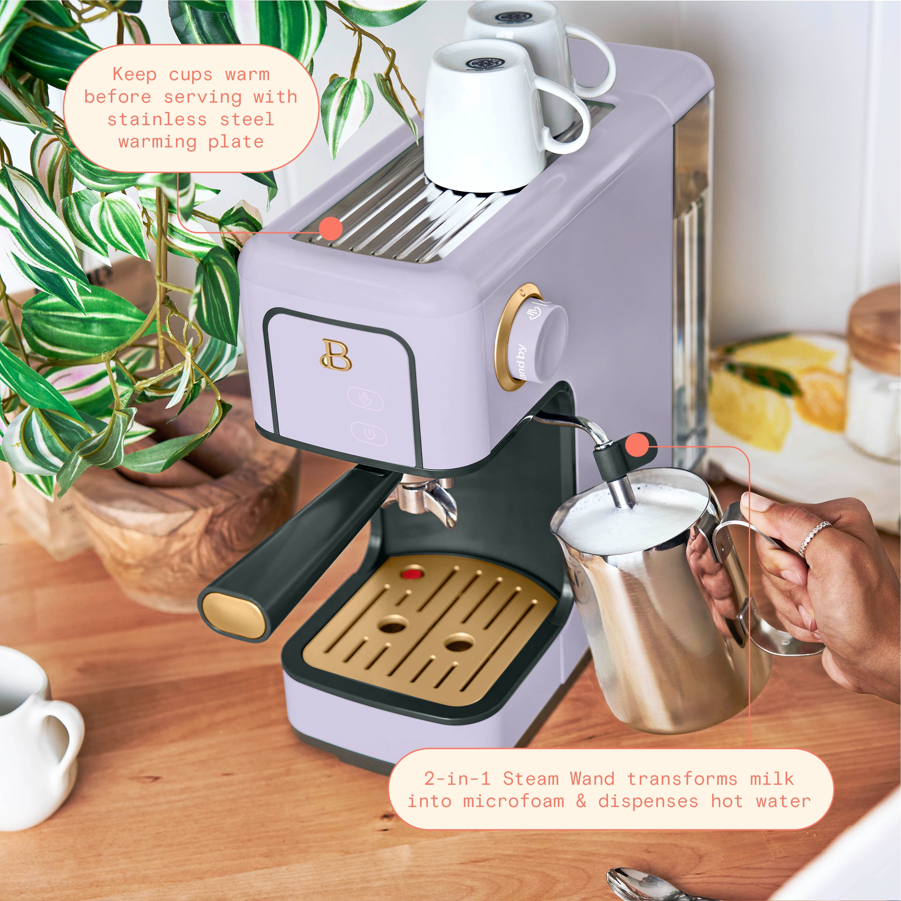 Beautiful Slim Espresso Machine with 20-Bar Pressure, Lavender by Drew Barrymore
