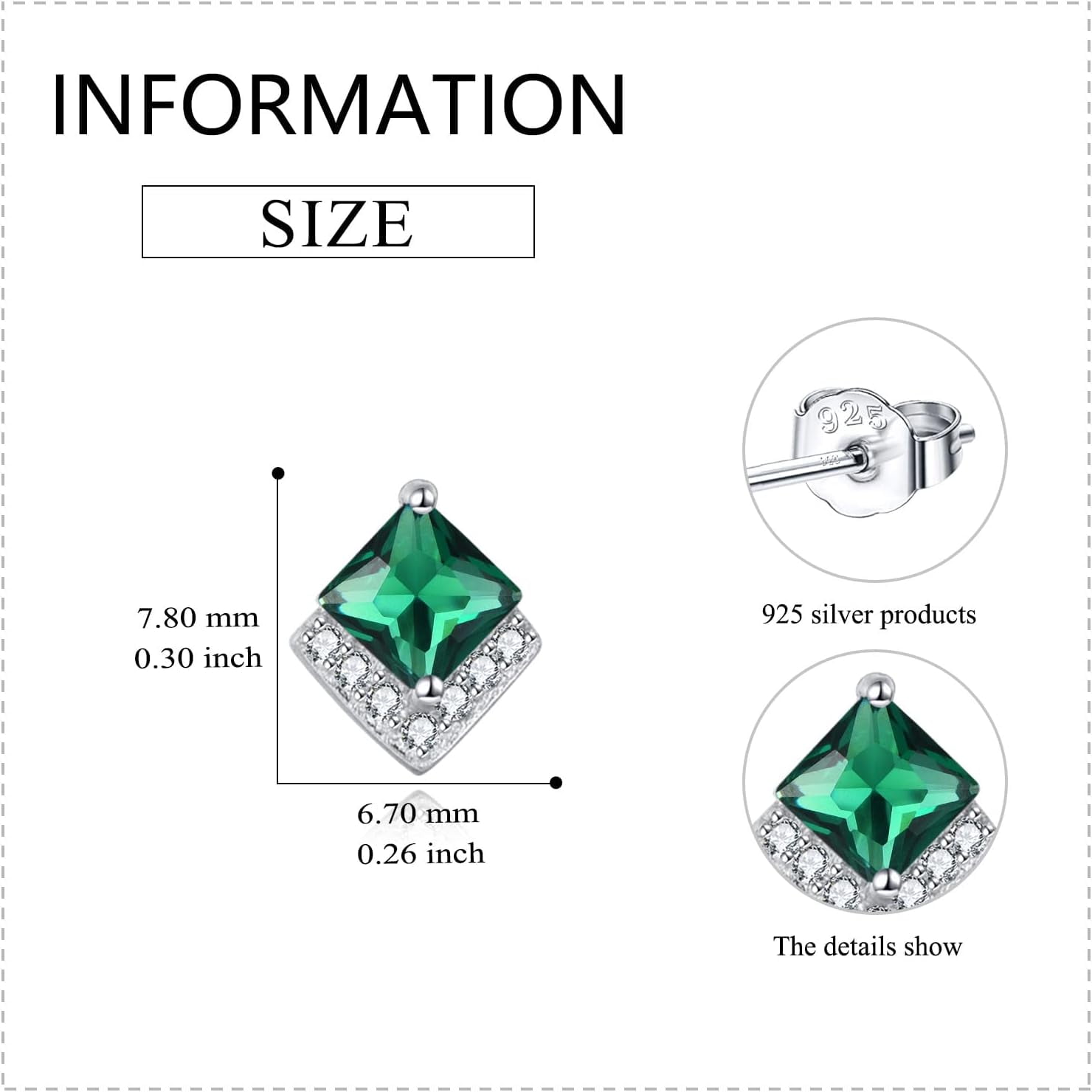 Birthstone Stud Earrings Sterling Silver Square Created Emerald Bright Green Crystal May Earrings Cubic Zirconia Piercing Jewelry Small Gifts for Women Mothers