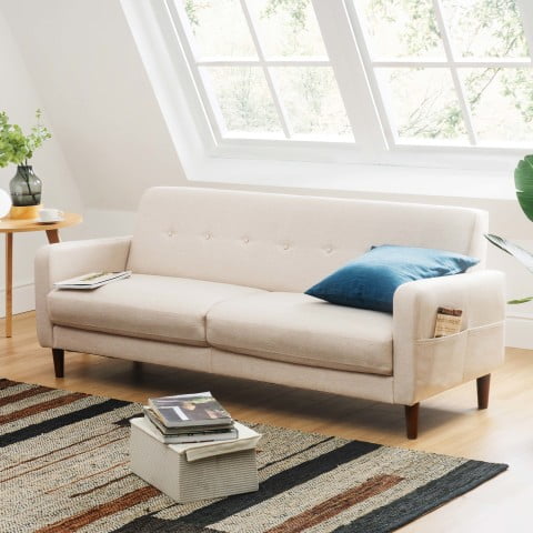 Mellow Adair Mid-Century Modern Sofa with Armrest Pockets, Tufted Linen  Fabric, Ivory Fabric