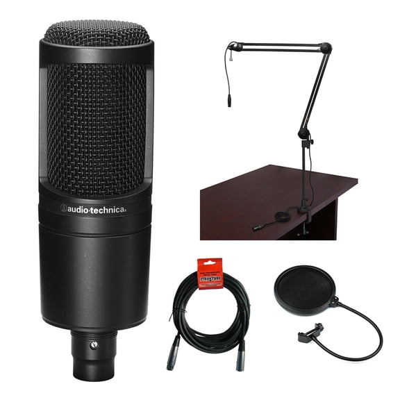 Audio-Technica AT2020 Cardioid Condenser Microphone with BAI-2X Two-Section Broadcast Arm, Pop Filter and XLR Cable