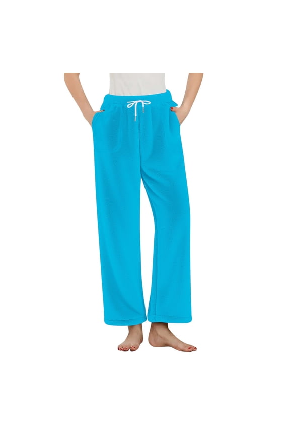 Flannel Pajamas Bottoms for Womens Drawstring Elastic Waisted Solid Color Lounge Pants Fall Winter Warm Nightwear with Pockets