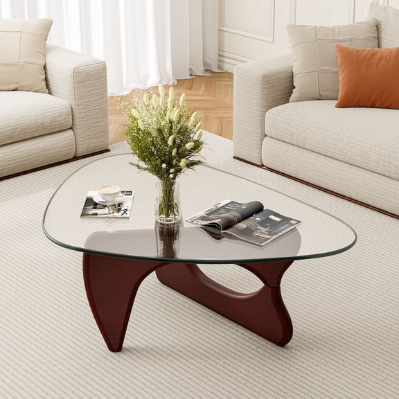Cottinch Glass Coffee Table for Living Room, Morden Coffee Table with Glass Top and Wood Base 35" x 24.8" x16.1", Dark Walnut