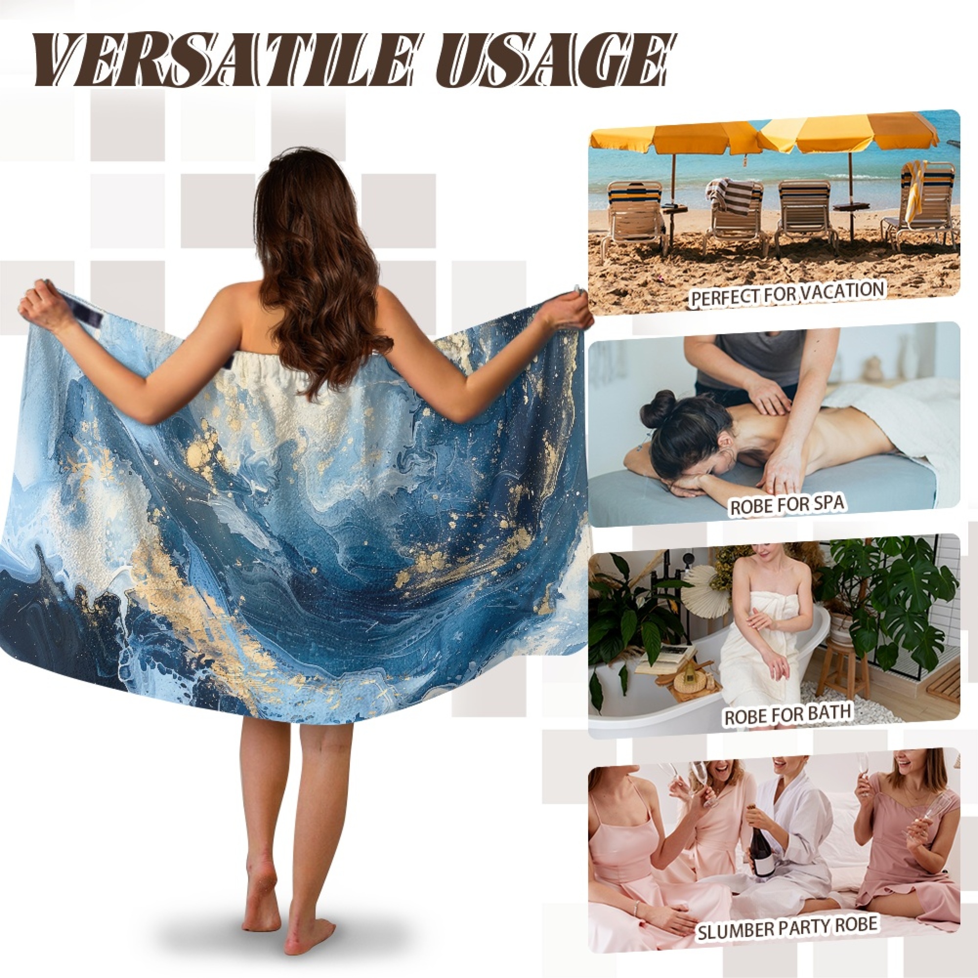 Yuyamidu Blue Marble Print Shower Wrap Towel for Women Size L Quick Dry Bath Wrap for Bath Spa Comfortable Towel Wrap for Bathroom Terry Cloth Bath Towels with Pocket