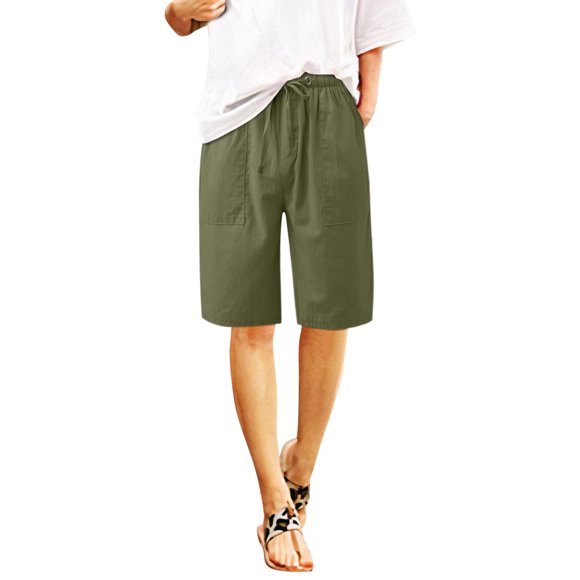 QATAINLAV Cotton Shorts for Women, Women Bermuda Shorts Cotton Linen Knee Length Wide Leg Short 2024 Beach Solid Color Shorts with Pockets, Bermudas Para Mujer, Army Green, L