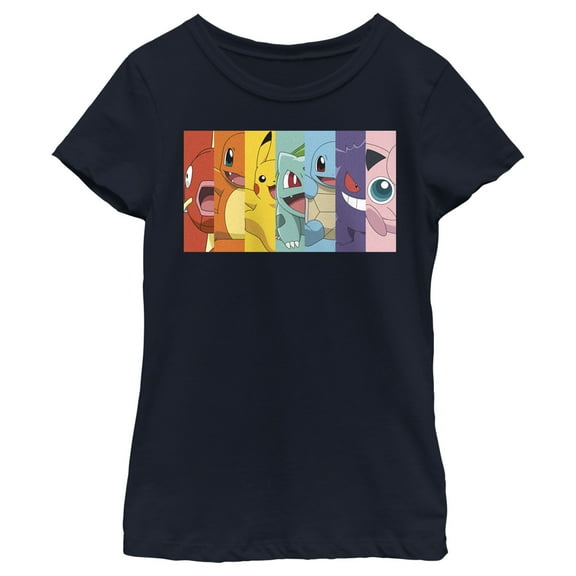 Girl's Pokemon Character Box-up Rainbow  Graphic Tee Black Medium