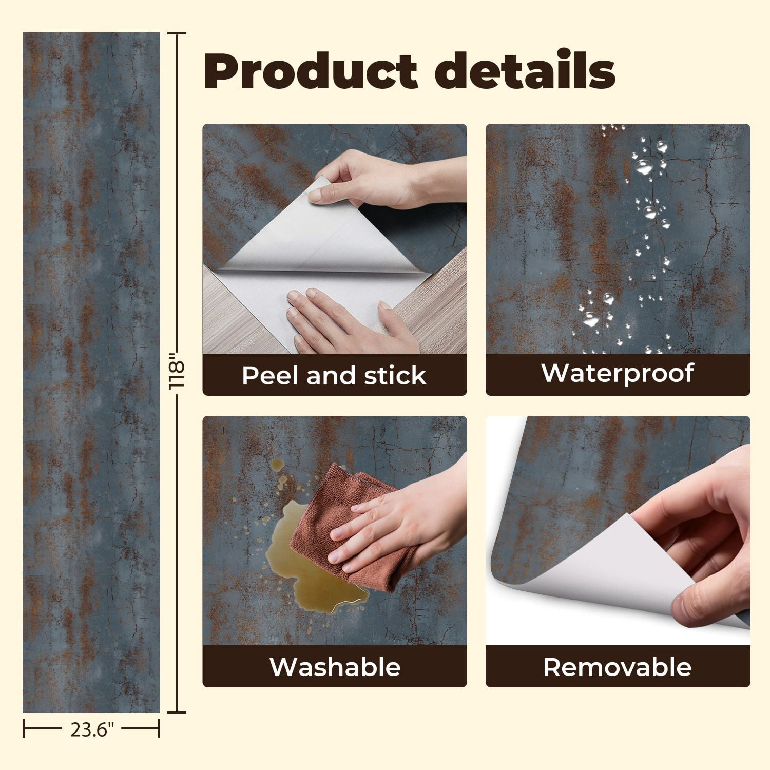 Peel and Stick Wallpaper Rustic Blue Orange Cracked Metal Texture Industrial Wall Mural 23.6in x 9.8ft Self Adhesive Removable Wall Paper Renter Friendly Wallpaper for Nursery Bedroom Cabinets
