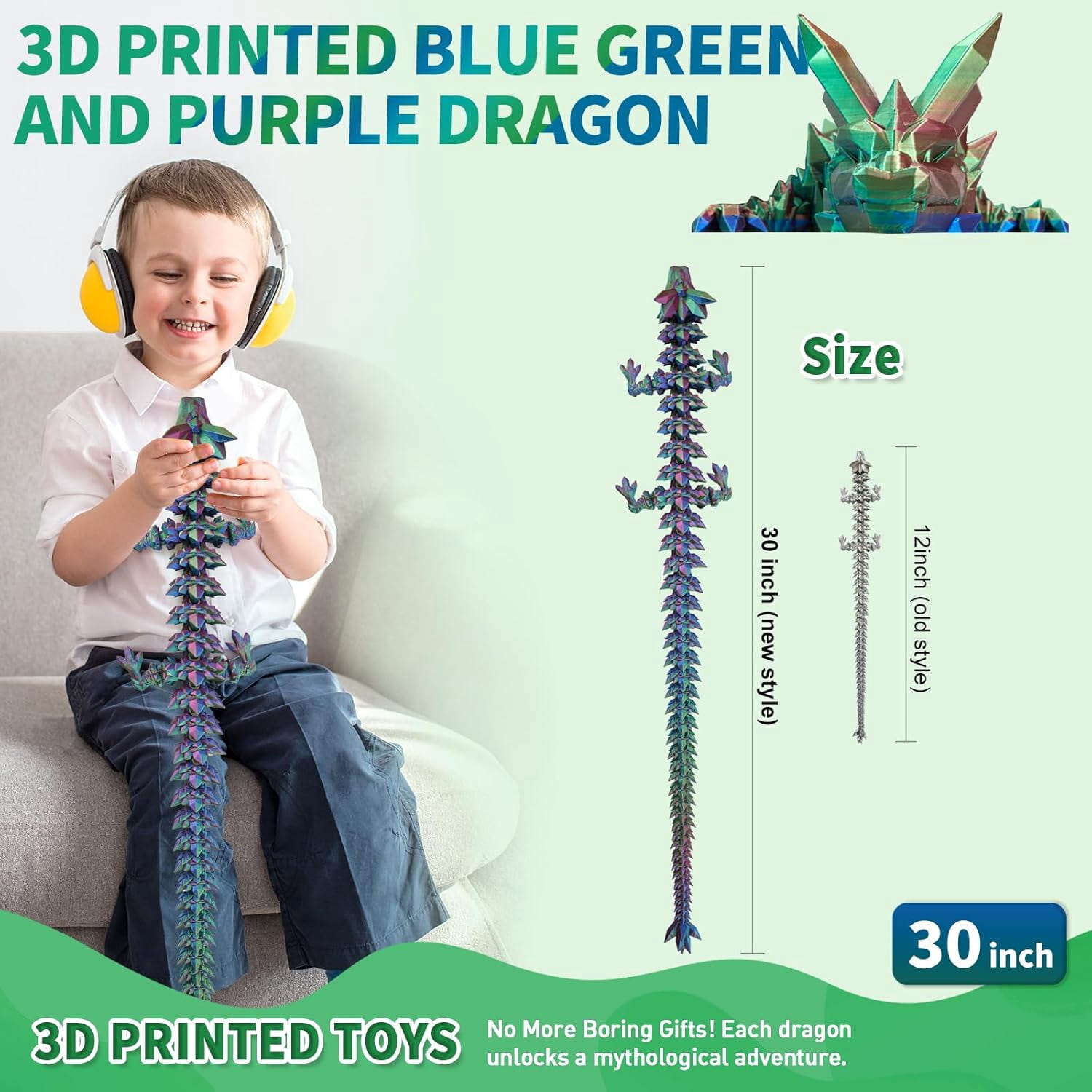 3D Printed Dragon - 30 inch Large Pearly Sheen Articulated Dragon, Mystery Easter Crystal Animals Fidget Toy(Blue Green Purple)