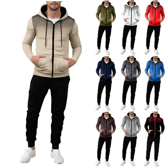 Stamzod Mens Two Piece Track Suit Fashion Patchwork Printing Long Sleeve Zip Up Hoodie Jackets and Sweatpants Set Casual Workout Sweatsuits for Men Army Green-1 L