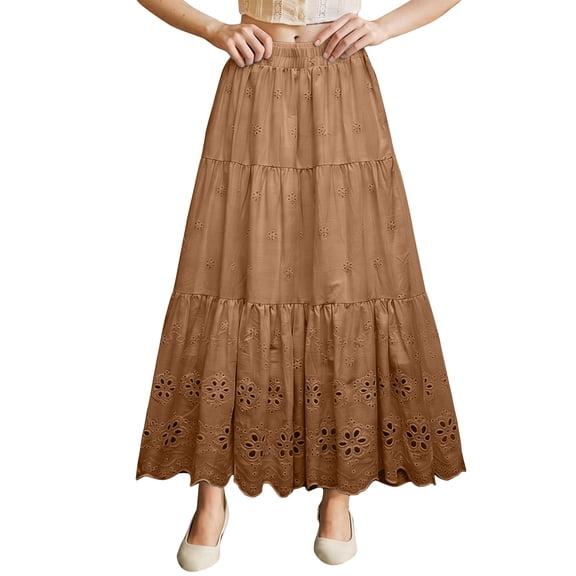 Maqroz A Line Skirt Hollow Out Embroidered Summer Bottoms Lightweight Breathable Solid Color Stylish Dailywear for Women