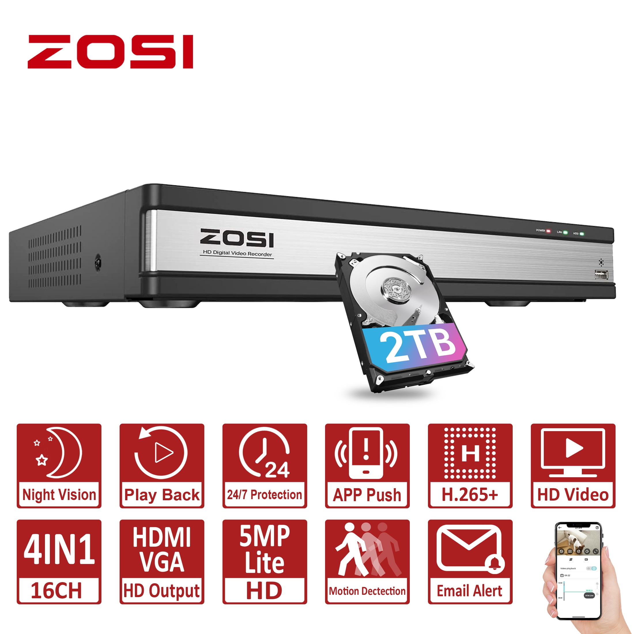 ZOSI 16CH 3K Lite CCTV DVR Video Recorder with 2TB Hard Drive. Hybrid Surveillance 4-in-1 DVR Supports HD-TVI, CVI CVBS AHD 960H Security Cameras, Remote Viewing, Motion Detection,24/7 Record