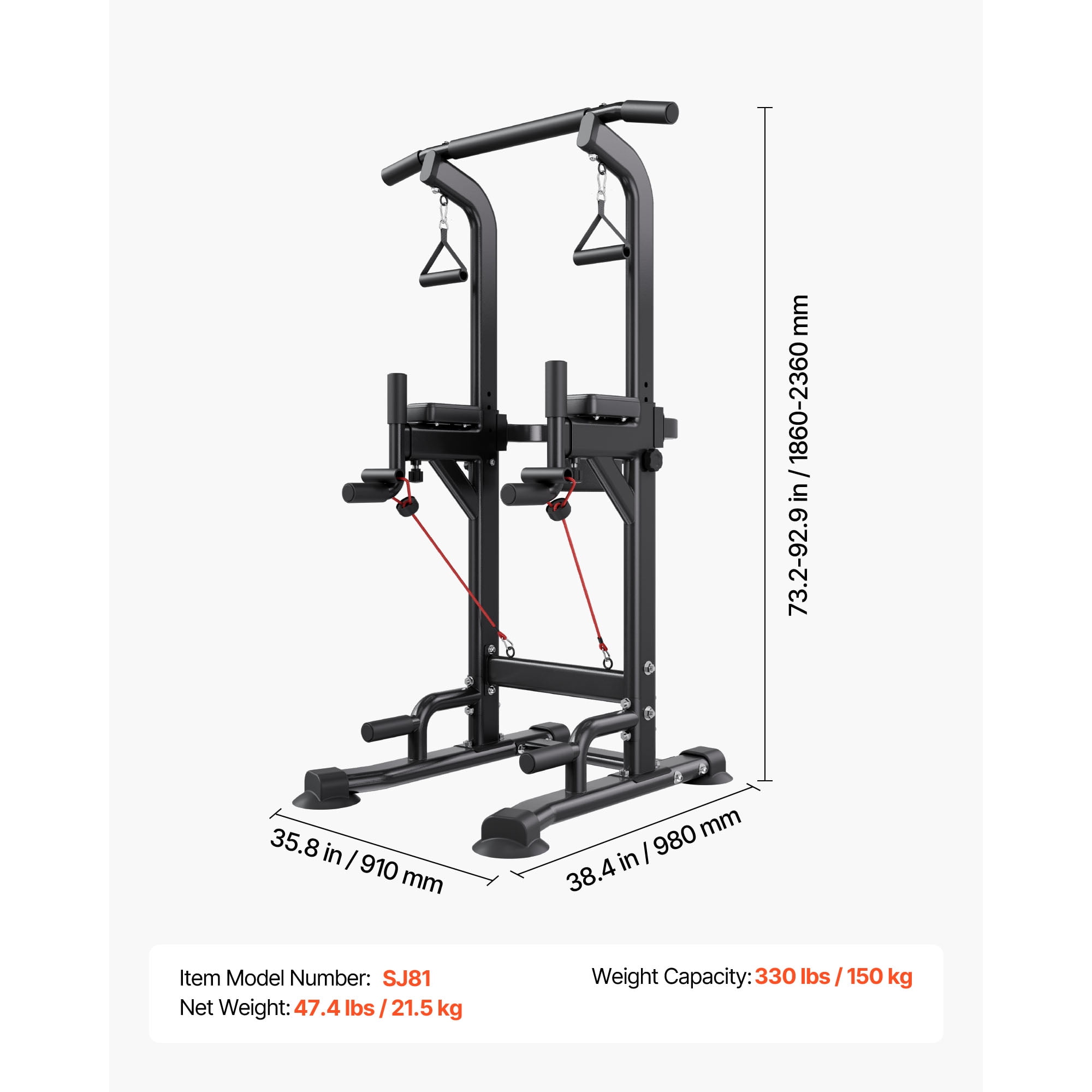 KFFKFF Pull Up Bar with 330 LBS Capacity, Power Tower Dip Station for Workouts, Free-Standing Chin-Up Bar with Stable H-Shaped Base, Adjustable 12-Level Height and 4-Level Back Pad