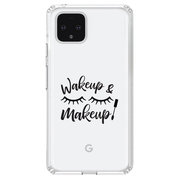 DistinctInk Clear Shockproof Hybrid Case for Google Pixel 4 XL (6.3" Screen) - TPU Bumper Acrylic Back Tempered Glass Screen Protector - Wake Up & Makeup - Eye Lashes
