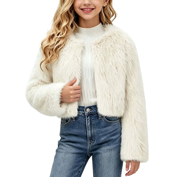 DYTTDG Girls Plush Cropped Jacket, Long Sleeve Open Front Crew Neck Short Coat, Solid Color Fall Winter Casual Outerwear for Daily Wear