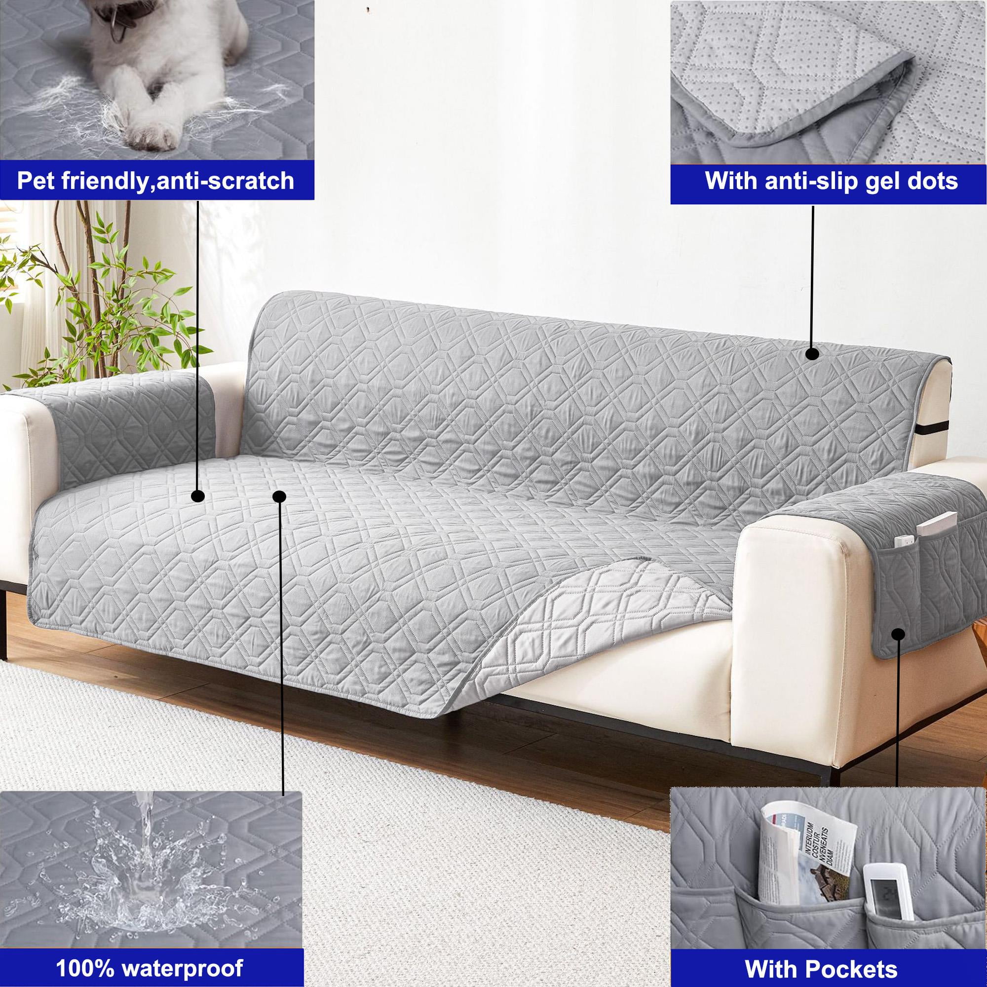 Waterproof Couch Covers 3 Cushion Couch,Non Slip 3 Seater Sofa Covers Washable,Furniture Protector with Side Pockets Elastic Straps for Dogs, Pets,Living Room(Light Gray,3 Seater Sofa)