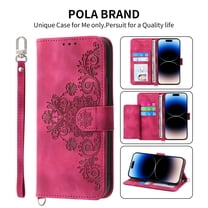 Dteck Flower Pattern Case For iPhone 14 Plus 6.7 inch,Magnetic Leather Card Slots Pocket Case Shockproof Rubber Kickstand Cover with Detachable Crossbody and Wrist Straps,Winered
