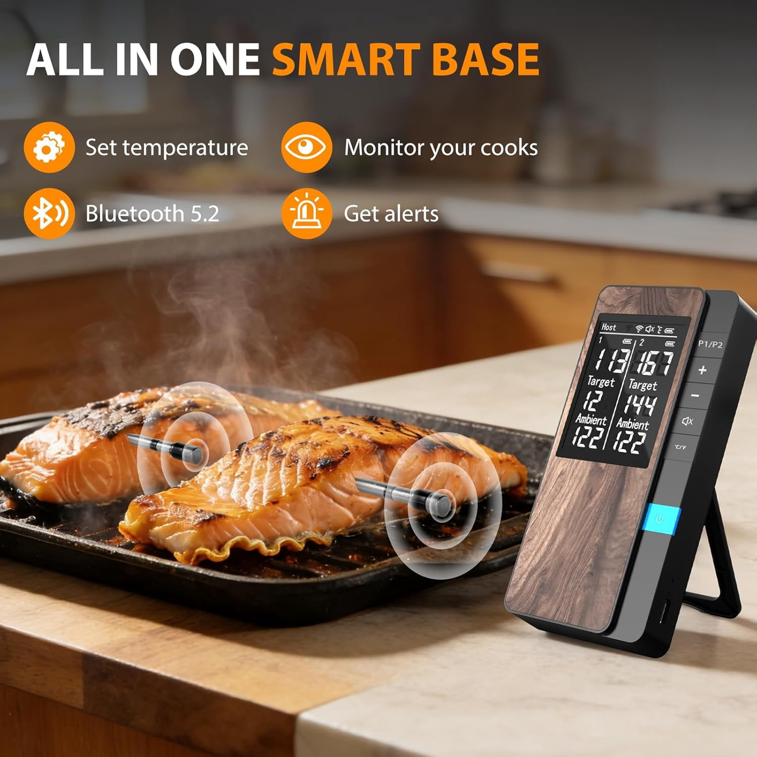AI  Wireless Meat Thermometer with 2 Probes High-Accuracy Sensors, Standalone Display Base,  Read LCD & App Control for Kitchen BBQ Oven Grill  Fryer