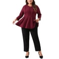 thumbnail image 2 of Agnes Orinda Plus Size Tops for Women Elegant Crew Neck Solid Color Workwear 3/4 Sleeve Peplum Top 1X Burgundy, 2 of 5