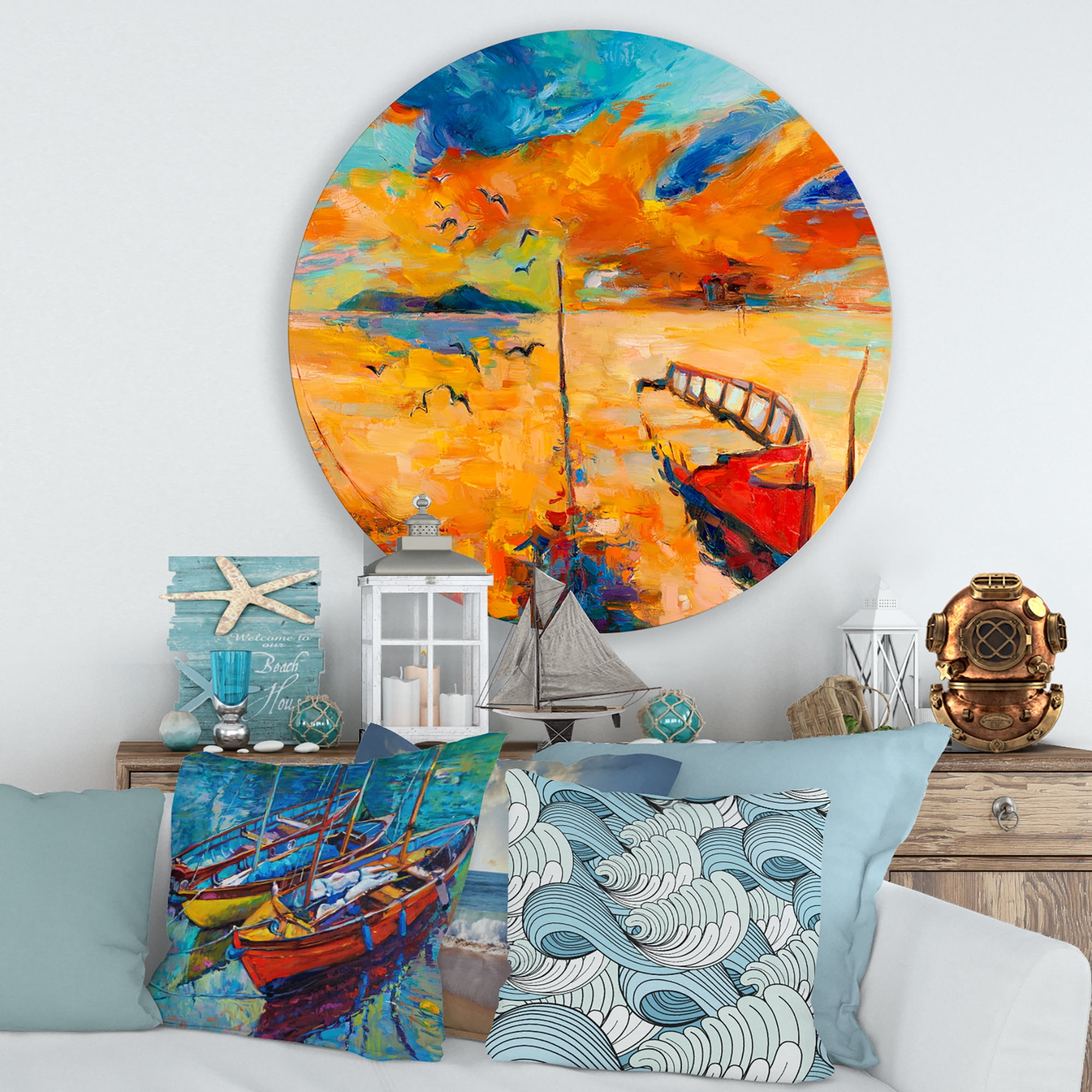 Designart 'Boat At The Lake During Evening Glow VIII' Nautical & Coastal Circle Metal Wall Art 29x29 - Disc of 29