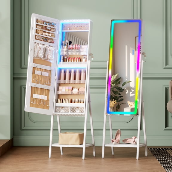 VKCC 42.5" Full Length Jewelry Armoire, 7-Color LED Mirror & Lockable Storage Cabinet, White