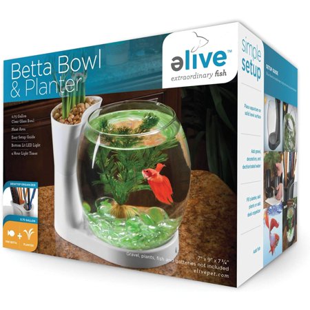 Elive Betta Fish Bowl / Betta Fish Tank with Planter, Small 0.75 Gallon Aquarium, LED Light Timer, White