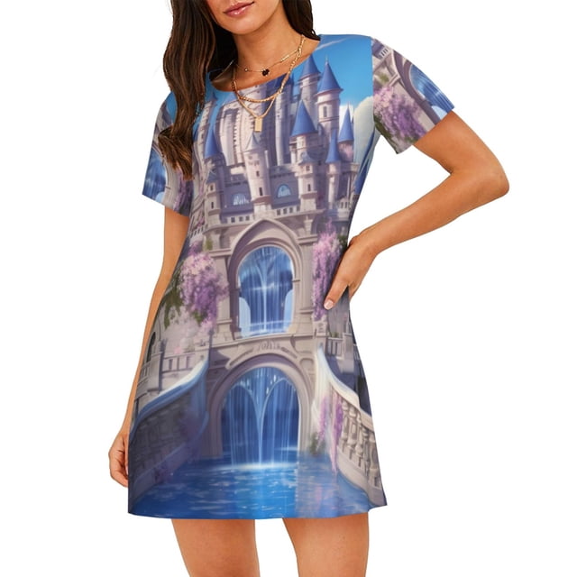 Fotbe Majestic Fantasy Castle Bata de Dormir para Mujer con Estampado, Camisón de Algodón de Manga Corta, Ropa de Dormir Casual