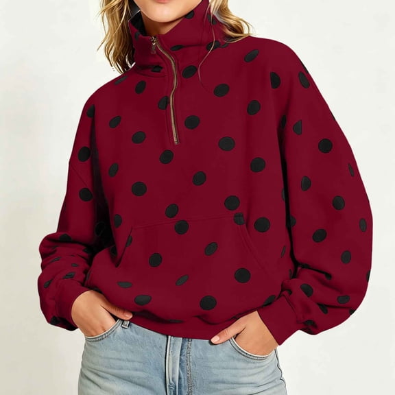 Qulqfy Hoodies for Women Oversized Wine Fleece Fall Winter Hooded Polka Dot Casual Comfy Long Sleeve Pullover Sweatshirt with Pockets 3XL