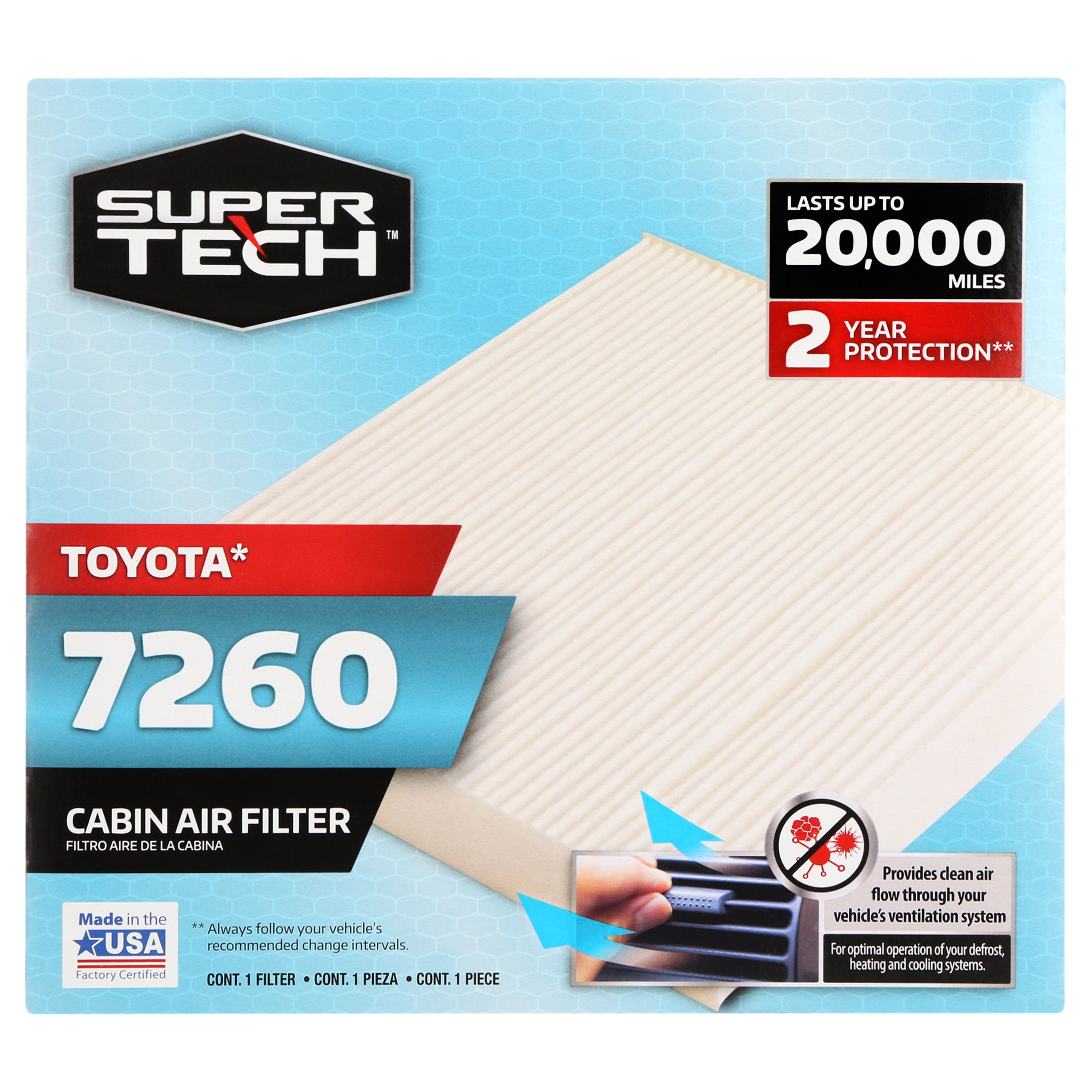 SuperTech Cabin Air Filter, 7260, Replacement Cabin Filter for Toyota