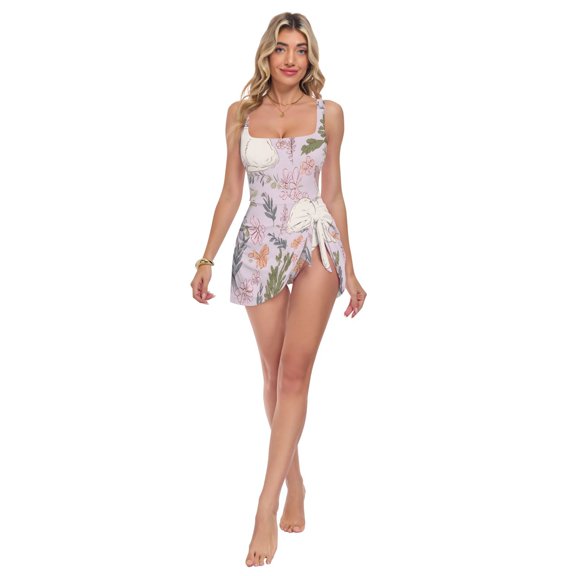 Womens Rabbit Flower Pattern Print 2-in-1 Swim Dress Detachable Skirt One-Piece Swimsuit Square Neck S-XXL